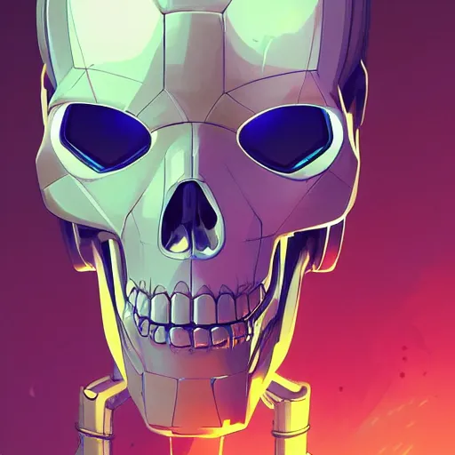 Image similar to a robot cybernetic cyberpunk skull minimalist comics, behance hd by jesper ejsing, by rhads, makoto shinkai and lois van baarle, ilya kuvshinov, rossdraws global illumination ray tracing hdr radiating a glowing aura