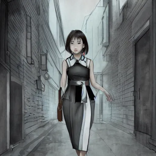 Image similar to a perfect, realistic professional digital sketch of a Japanese schoolgirl posing in a sci-fi alleyway, style of Marvel, full length, by pen and watercolor, by a professional American senior artist on ArtStation, a high-quality hollywood-style sketch, on high-quality paper