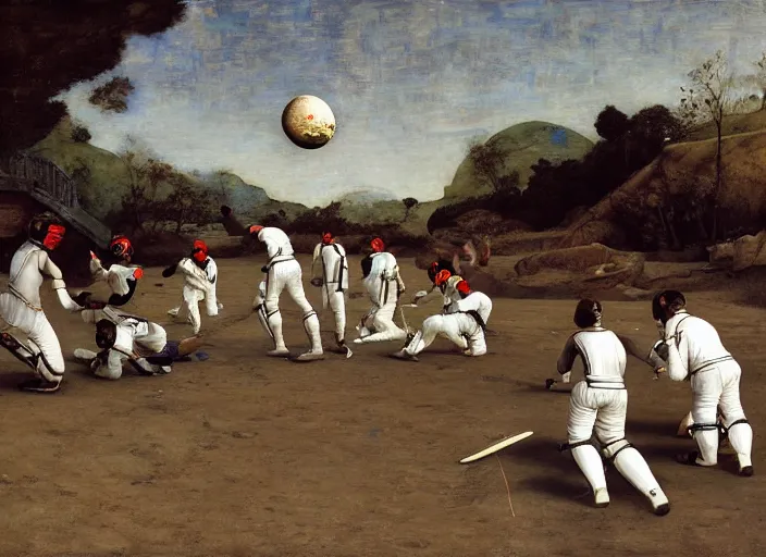 Image similar to a cricket match on the moon by edgar maxence and caravaggio and michael whelan and delacroix style, artistic, intricate painting, cinematic lighting, hyper realistic, extremely detailed, establishing shot, 8 k resolution, dramatic lighting