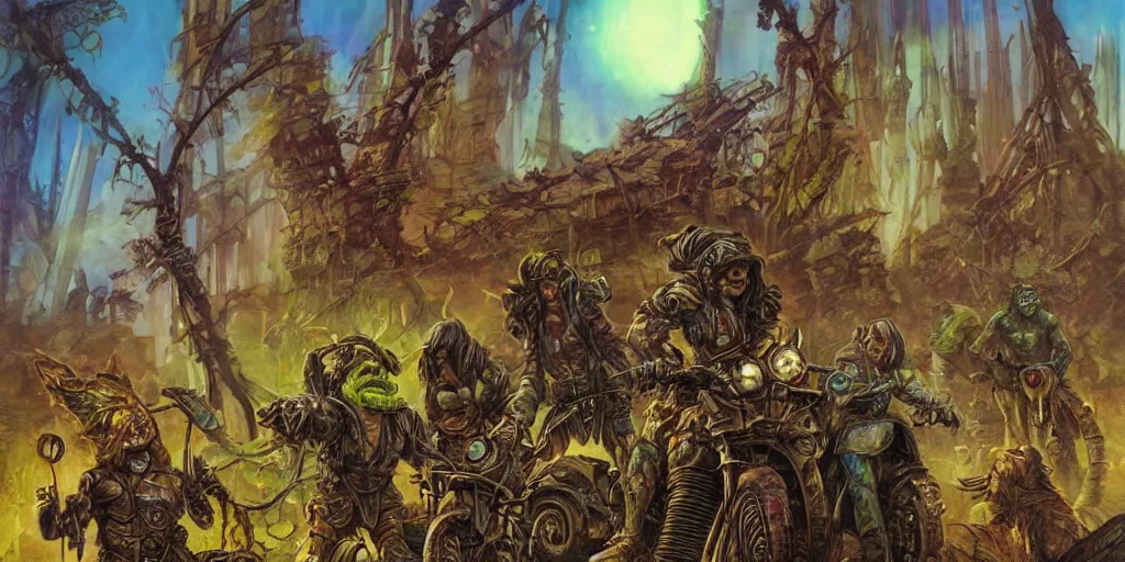 Image similar to psychedelic post apocalyptic orcish biker gang, scifi city ruins, sharp focus, psychedelic colors, boris vallejo, michael whelan