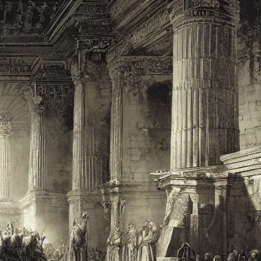 Prompt: the holy kingdom of Julius Caeser, roman historic works, ruins, silver and gold, hyperdetailed, artstation trending, world renowned artists, worth1000.com, historic artworks society, antique renewel, cgsociety, by greg rutkowski, by Gustave Dore, Deviantart