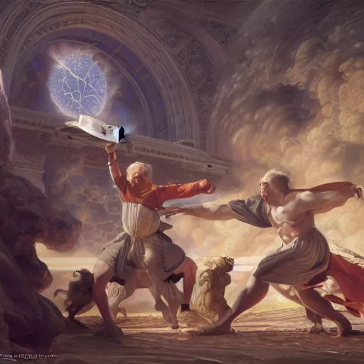 Image similar to isaac newton and leibniz fighting over calculus, detailed, centered, digital painting, artstation, concept art, donato giancola, joseph christian leyendecker, wlop, boris vallejo, breathtaking, 8 k resolution, extremely detailed, beautiful, establishing shot, artistic, hyperrealistic, octane render, cinematic lighting, dramatic lighting,