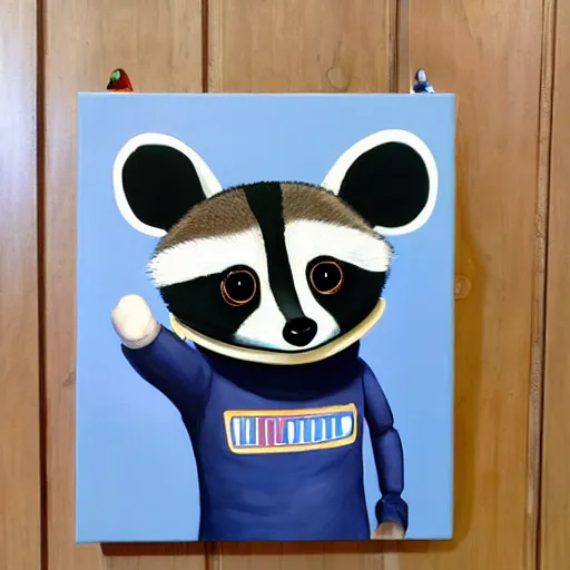 Image similar to painting of an anthropomorphic furry cute baby raccoon astronaut by disney, pixar