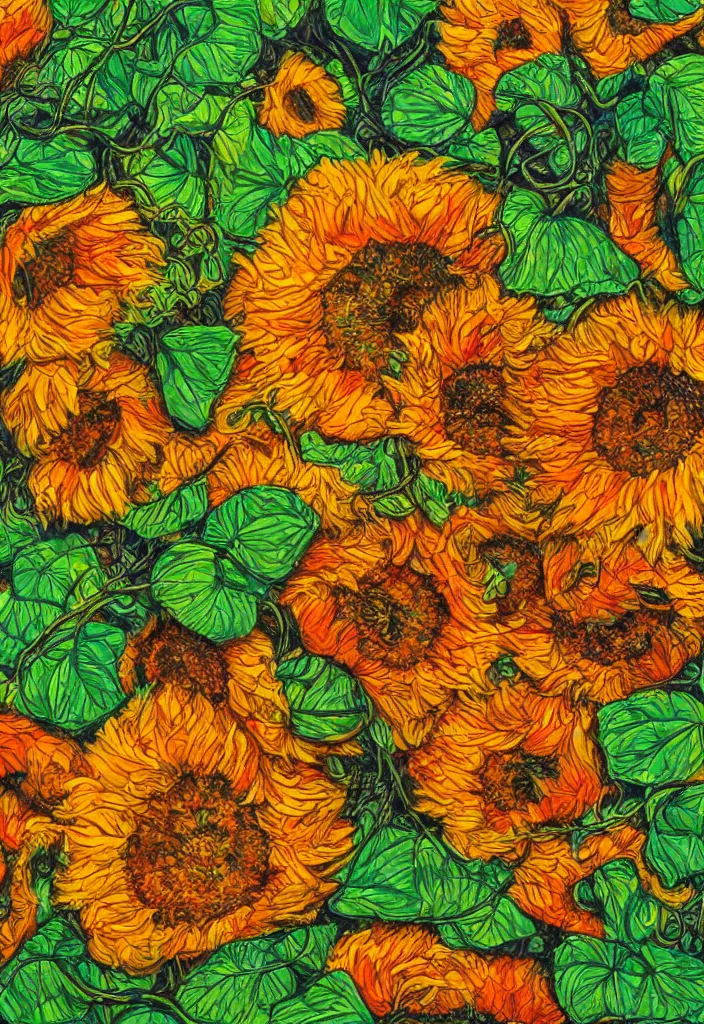 Image similar to award winning hyperrealistic artwork about entangled sunflowers and falling nasturtiums with vines, high definition, fine details, closeup, macro