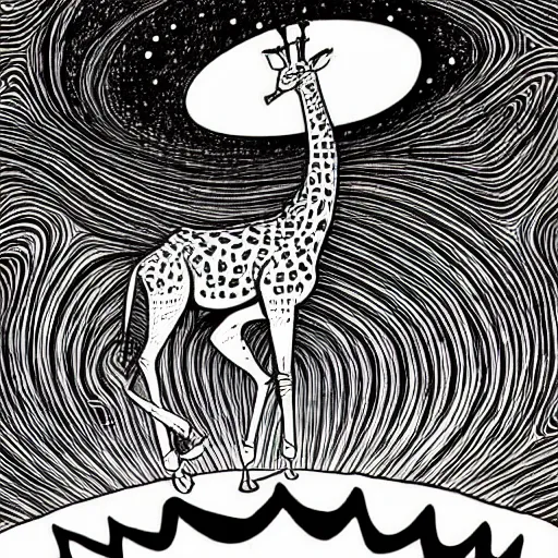 Prompt: black and white trippy comic art of a giraffe being abducted by ufo, lots of particles, drawn by Martin Rowson, Tim Burton, Studio Ghibli, Alex Pardee, Nekro Petros Afshar, James McDermott, cgsociety 4K