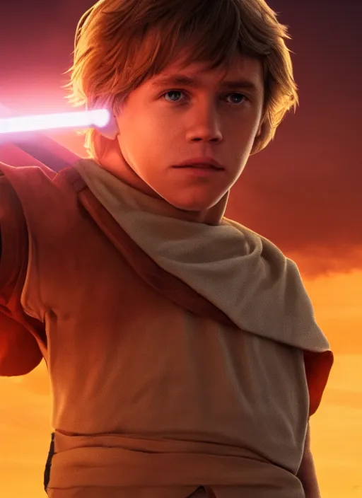 Prompt: portrait of young luke skywalker in a heroic action pose against a tatooine sunset, close up, dramatic lighting, octane render, digital art