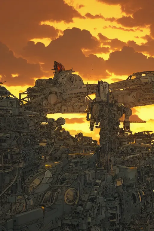 Prompt: A real photo of a Mechanical War-Bear and the sunset in the distance, by Josan Gonzalez, Yoji Shinkawa and Geof Darrow, highly detailed, Unreal Engine Render, 3D, 8k wallpaper