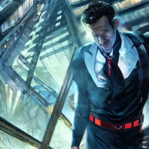 Image similar to ryan reynolds as spider - man, wearing a black and blue suit, cinematic, volumetric lighting, f 8 aperture, cinematic eastman 5 3 8 4 film, photorealistic by greg rutkowski, by stanley artgerm, by alphonse mucha