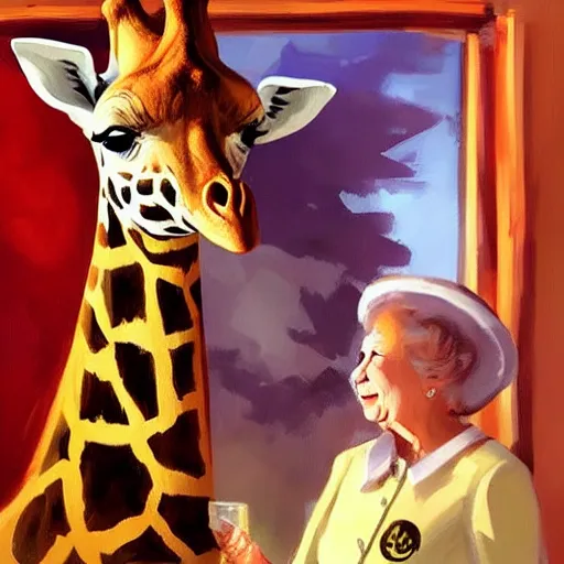 Prompt: a giraffe dressed like an astronaut drinking tea with queen isabel, trending on artstation, art by greg manchess, guangjian, detailed digital art, artstation hd