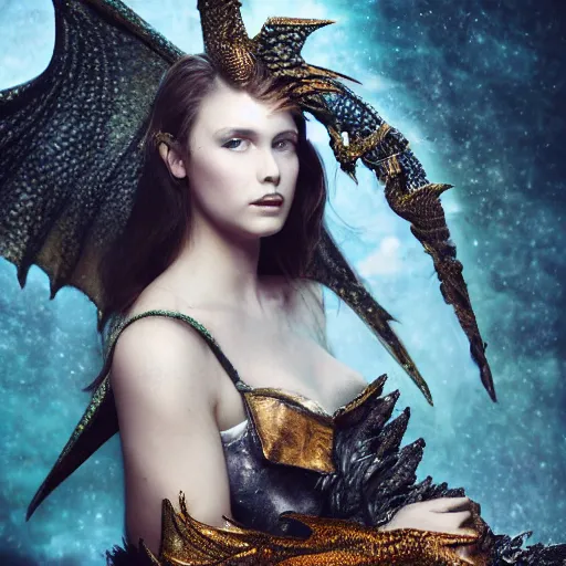 Prompt: a beaufitul painting of a young woman with dragon wings and with dragon scales on her skin, concept art, atmospheric, photo realistic, magical atmosphere