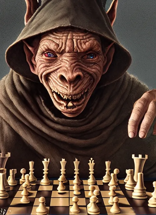 Prompt: highly detailed closeup portrait of a medieval goblin playing chess, stephen bliss, unreal engine, greg rutkowski, ilya kuvshinov, ross draws, hyung tae and frank frazetta, tom bagshaw, tom whalen, nicoletta ceccoli, mark ryden, earl norem, global illumination, god rays, detailed and intricate environment