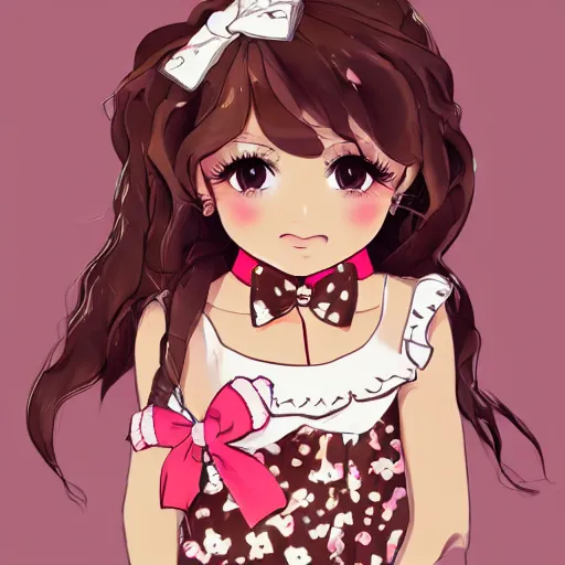 Image similar to 1girl ascot bare_shoulders bow brown_eyes brown_hair close-up floral_background frilled_bow frilled_hair_tubes frills hair_between_eyes hair_bow hair_tubes long_hair orange_ascot pink_background red_bow shirt sleeveless sleeveless_shirt solo