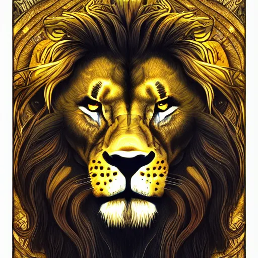 Image similar to realistic detailed lion, zodiac leo by dan mumford, Art Nouveau, Neo-Gothic, Surreality, gothic, rich deep moody colors