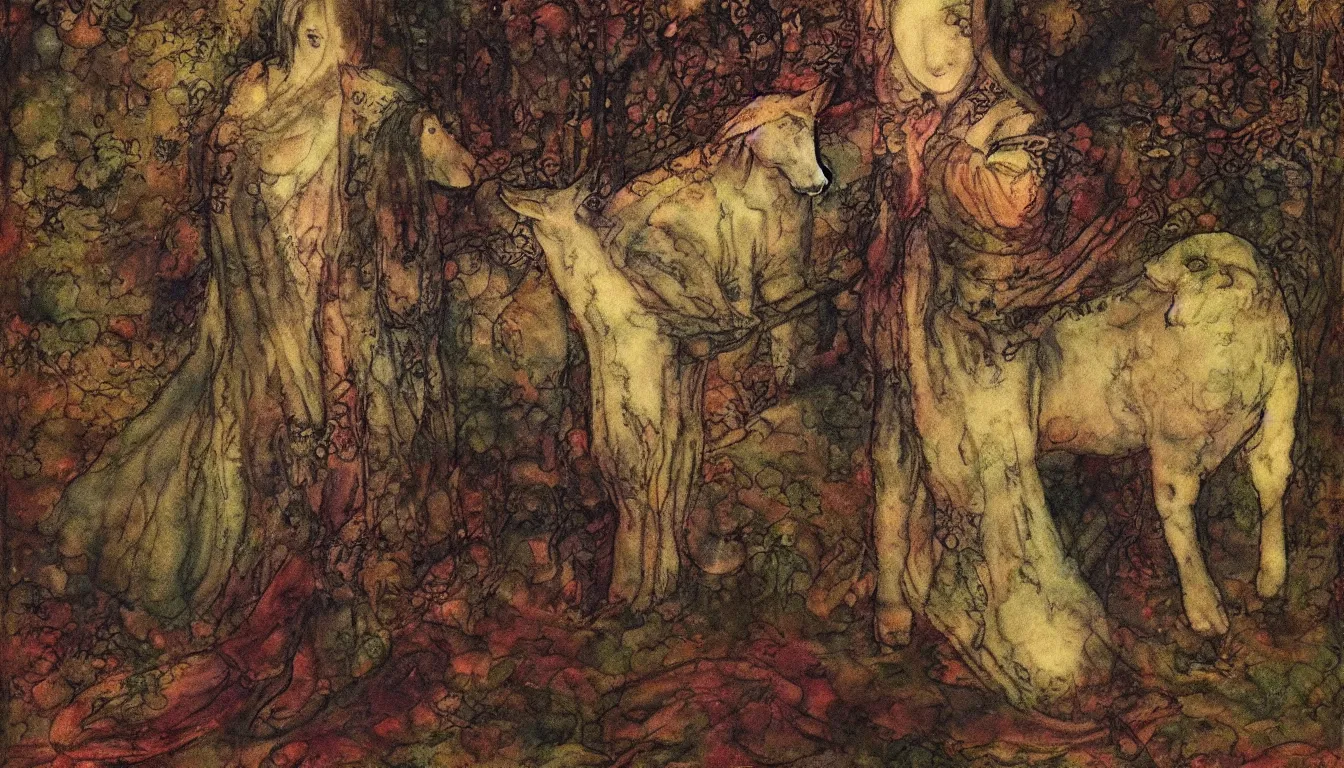 Prompt: portrait of a lamb wearing cult robes, style of john bauer, style of yoshitaka amano, deep colors and dark shadows, night forest background, ambient glow