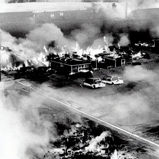 Prompt: 1 9 9 0 s newspaper photo of a burning suburban neighborhood with an explosion in the background.