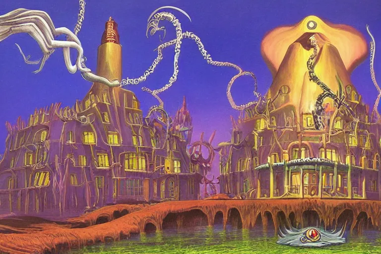 Image similar to miskatonic university eldritch super villain headquarters in the style of dr. seuss, illuminati, painting by albert bierstadt