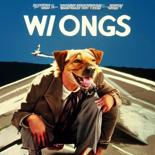 Image similar to a 8 0's movie poster about a guy and his dog. they are pilots it's called wing and a paw