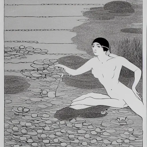 Image similar to A girl bathes in a lake where water lilies are floating, lithography by Aubrey Beardsley, High definition, detailed,