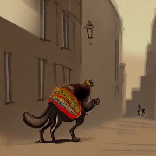 Prompt: A cute mouse riding a camel through a narrow street London, UK, 1885, digital art, trending on Artstation