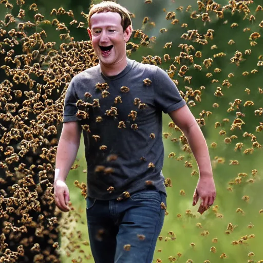Prompt: Mark Zuckerberg being attacked by bees, colorized photo
