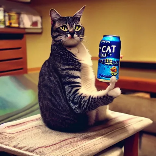 Prompt: “photograph of cat sitting like a human, holding a can of beer, hd, 8k”
