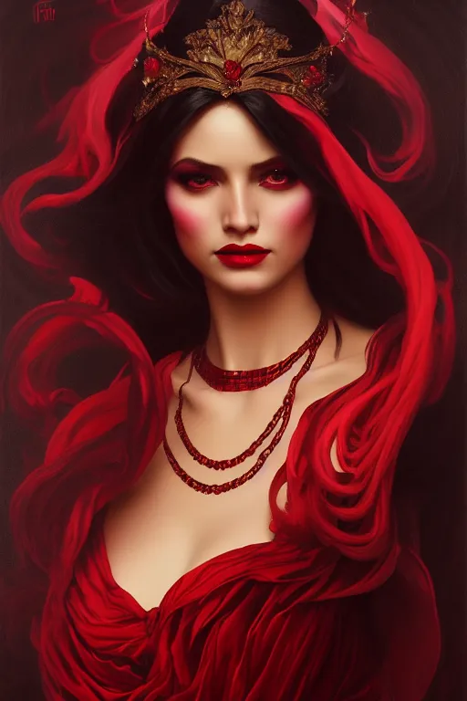 Image similar to highly detailed oil painting, red ombre velvet gown, beautiful elegant demon queen, dark deep black skin, beautiful face by leyendecker, black feathers, long hair, dozens of jeweled necklaces, by greg rutkowski, brom, anato finnstark, alphonse mucha, cinematic lighting,