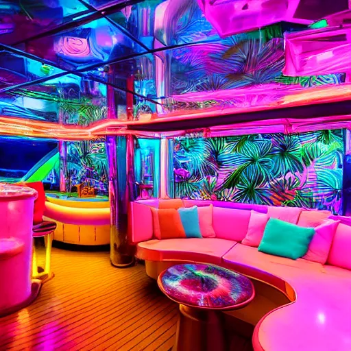 Image similar to architectural digest photo, inside a crowded futuristic neon tiki bar inside a yacht, tropical plants, blue lighting with small pastel orange and pink accent lights, crowd of cool people dancing