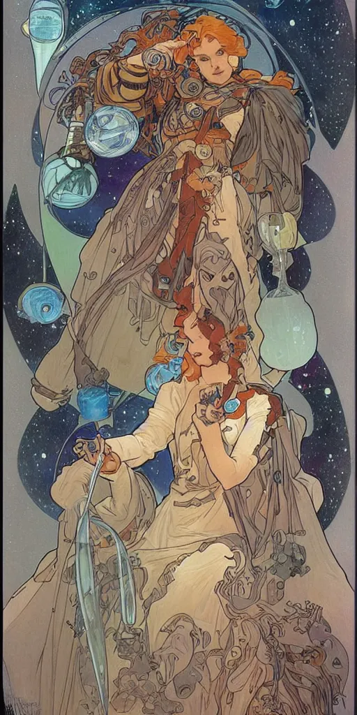 Image similar to a woman wearing outer space as a dress, pouring water from a vase into the milky way, by travis charest, by alphonse mucha, battle chasers.