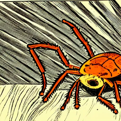 Prompt: A spider chasing down a cockroach, comic book illustration
