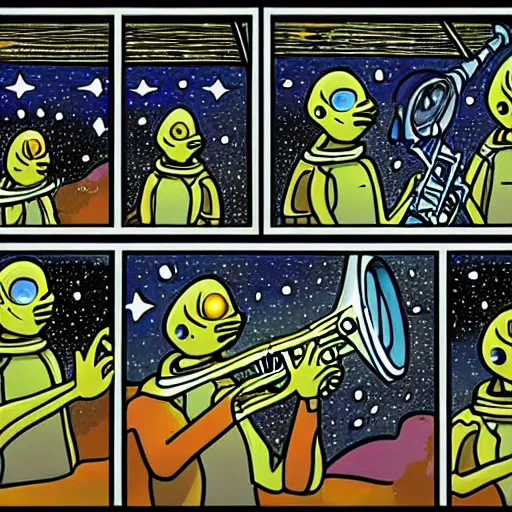 Prompt: aliens playing the trumpet inside a spaceship with windows showing a space full of tiny stars, as a bilal enki comic