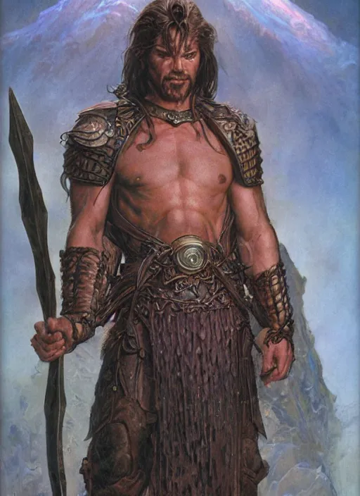 Prompt: a detailed paintbrush portrait of a male fantasy character, art by donato giancola and bayard wu and gustav moreau and wayne barlowe, rpg portrait, conan, krull, 8 0's fantasy movies, dungeons & dragons, d & d, artstation