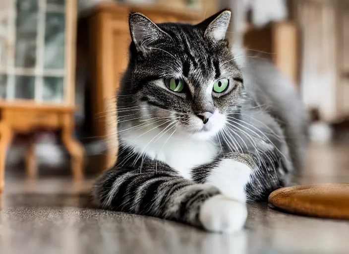 Image similar to photography of a Cat in boots sitting on a table. in a room full of medival things, photorealistic, raining award winning photo, 100mm, sharp, high res