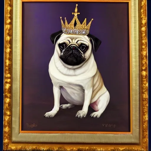 Image similar to regal pug in kings clothing and crown, oil painting, framed