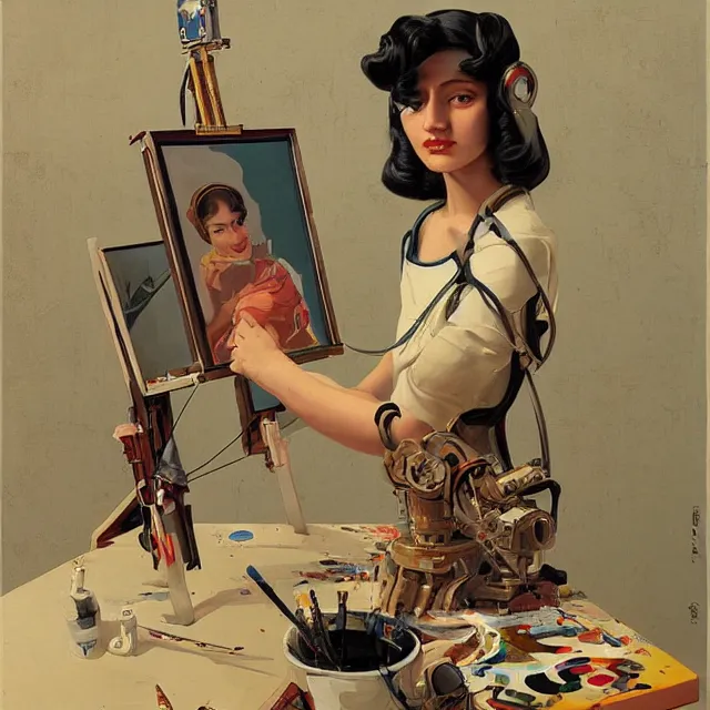 Image similar to robot artist painting a self - portrait on a canvas. intricate, highly detailed, digital matte painting, in the style of alexandros pyromallis, and in the style of sachin teng, and in the style of hans thoma, ( and in the style of gil elvgren ). irony, recursion, inspiration.