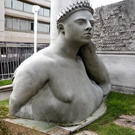 Prompt: giant ,oversized ,broken off ,statue of libertys head with crown is lying sideways on the ground