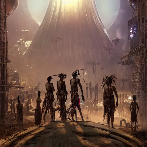 Prompt: an african tribe waiting for a steampunk spaceship at the stargates of futuristic heaven, by greg rutkowski and jim burns and android jones, Trending on artstation, hyperrealism, elegant, stylized, highly detailed, digital art, 8k resolution, hd, global illumination, radiant light, detailed and intricate cyberpunk ghetto environment, rendered in octane, post processed.