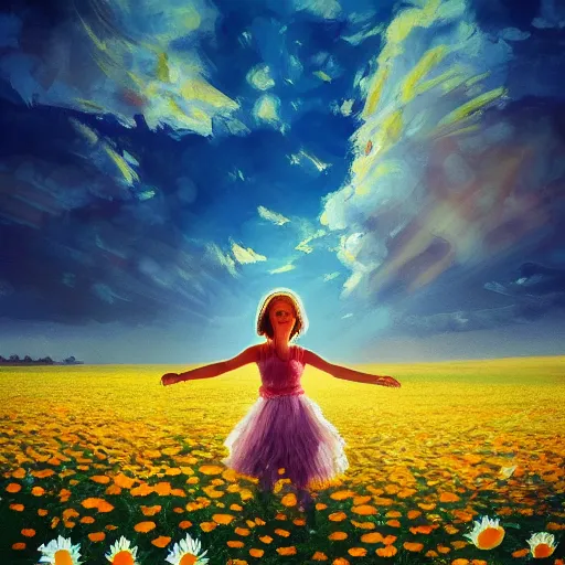 Image similar to head made of giant daisies, girl dancing barefoot in a vast flower field, arms behind back, surreal photography, sunrise dramatic light, impressionist painting, colorful clouds, large sky, digital painting, artstation, simon stalenhag, flower face