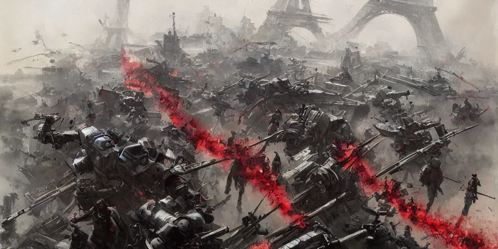 Prompt: french army and civilians are getting slaughtered by demonic samurai robot in the interbellum paris, very detailed painting, concept art, intense heavy street battle, pile of bodies, blood on the streets, art by greg rutkowski and jakub rozalski