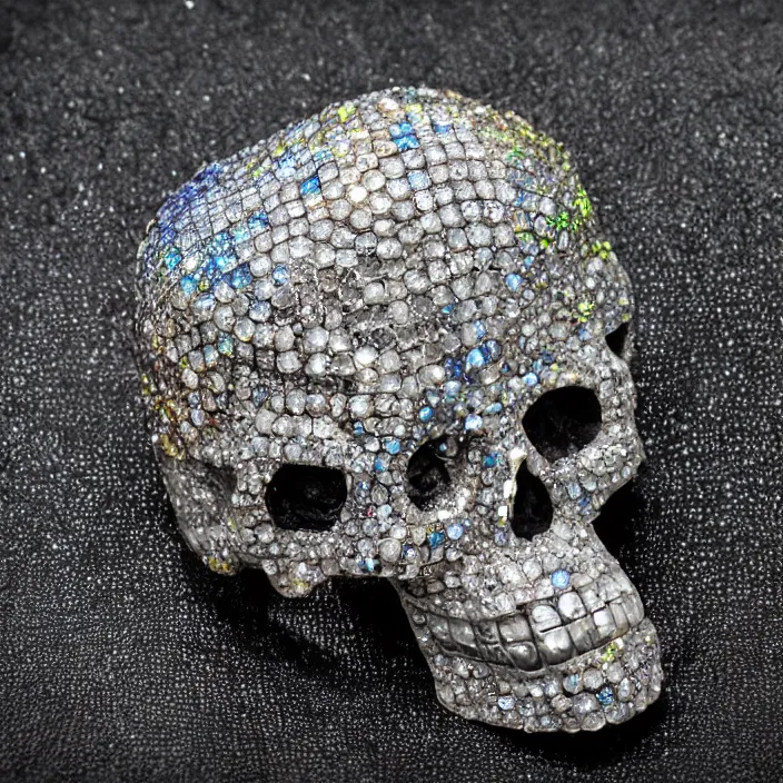 Prompt: jewelry skull made of prismatic crystals, dark background, studio shot