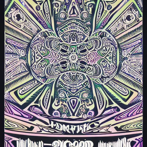 Image similar to Fillmore concert poster for The Bozone April 20, 1969 by Victor Moscoso and S. Clay Wilson, psychedelic, intricate paisley filigree mandala, day-glo colors, flowing lettering