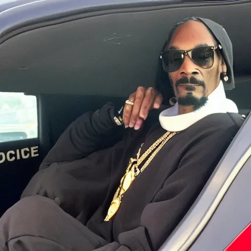 Image similar to Snoop Dogg is sitting in a police car wearing a cap C-13