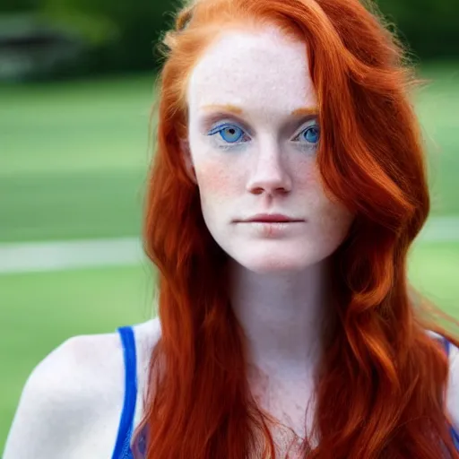 Image similar to Close up photo of the left side of the head of an extremely attactive, pretty redhead woman with gorgeous blue eyes and wavy long red hair, who looks directly at the camera. Slightly open mouth. Whole head visible and covers half of the frame, with a park visible in the background. 135mm nikon.