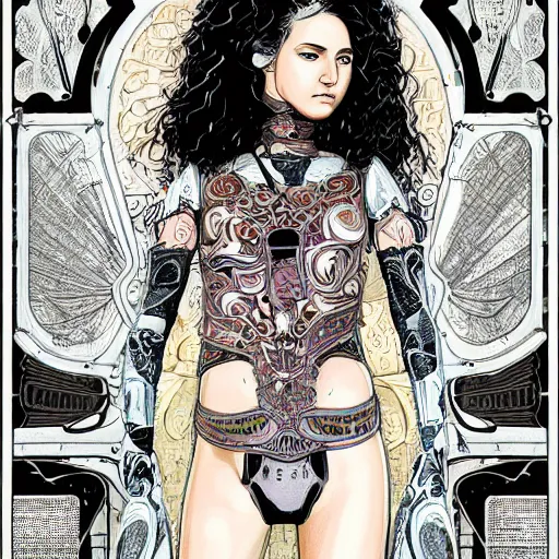 Prompt: a mixed media full-color fineliner illustration of a sensual young female fighter operating gigerpunk thrash-metal art nouveau research gear, beautiful symmetrical facial features, intricate, elegant, ornate, ultra-detailed mixed media painting, fantasy art, smooth, sharp focus, illustration, from Heavy Metal Magazine, mixing the styles of Chris Achilleos, Travis Charest, Karol Bak, Bill Sienkiewicz and Epic Illustrated and Thomas Kinkade. Ultra detailed, hyperrealistic, vray render, lucasfilm