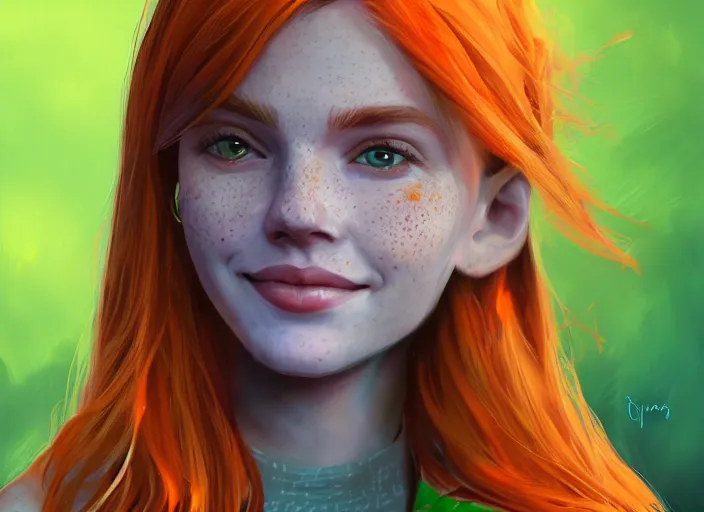 Image similar to portrait of a beautiful smiling girl with orange hair and freckles, green eyes, highly detailed, digital painting, concept art, smooth, sharp, focus, background is purple, artstation, style by Julia Razumova