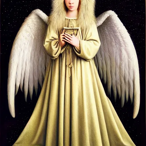 Image similar to highdetailed hyperrealistic painting of white angel!!! no gender!!!, giant ball of miracle light from the chest!!!!!, 4 k hd fur face!!!, big wings, by jan van eyck, holography space, white sparkles everywhere, thin strokes, high textures