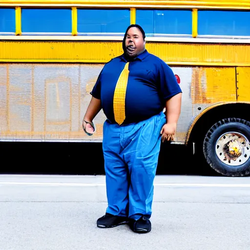 Image similar to overweight african american male school bus driver with dreads, wearing shorts with chubby legs, big moe, symmetric face, photo, posing in front of schoolbus