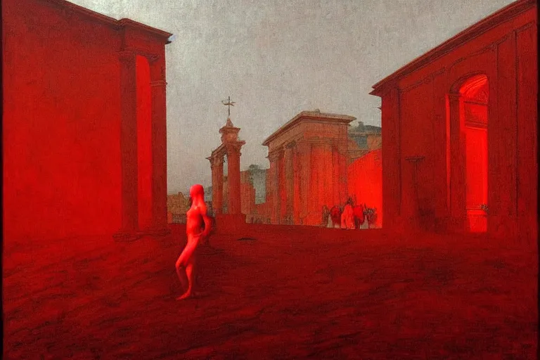 Image similar to only with red, caesar after war, a red tiger, in hoc signo vinces, rome in background, an ancient path, in the style of beksinski, part by hopper, part by rodcenko, part by hofbauer, intricate composition, red by caravaggio, insanely quality, highly detailed, masterpiece, red light, artstation