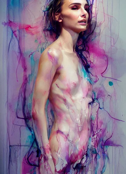 Prompt: sexy seducing smile nathalie portman in the bathroom by agnes cecile, half body portrait, extremely luminous bright design, pastel colours, ink drips, autumn lights