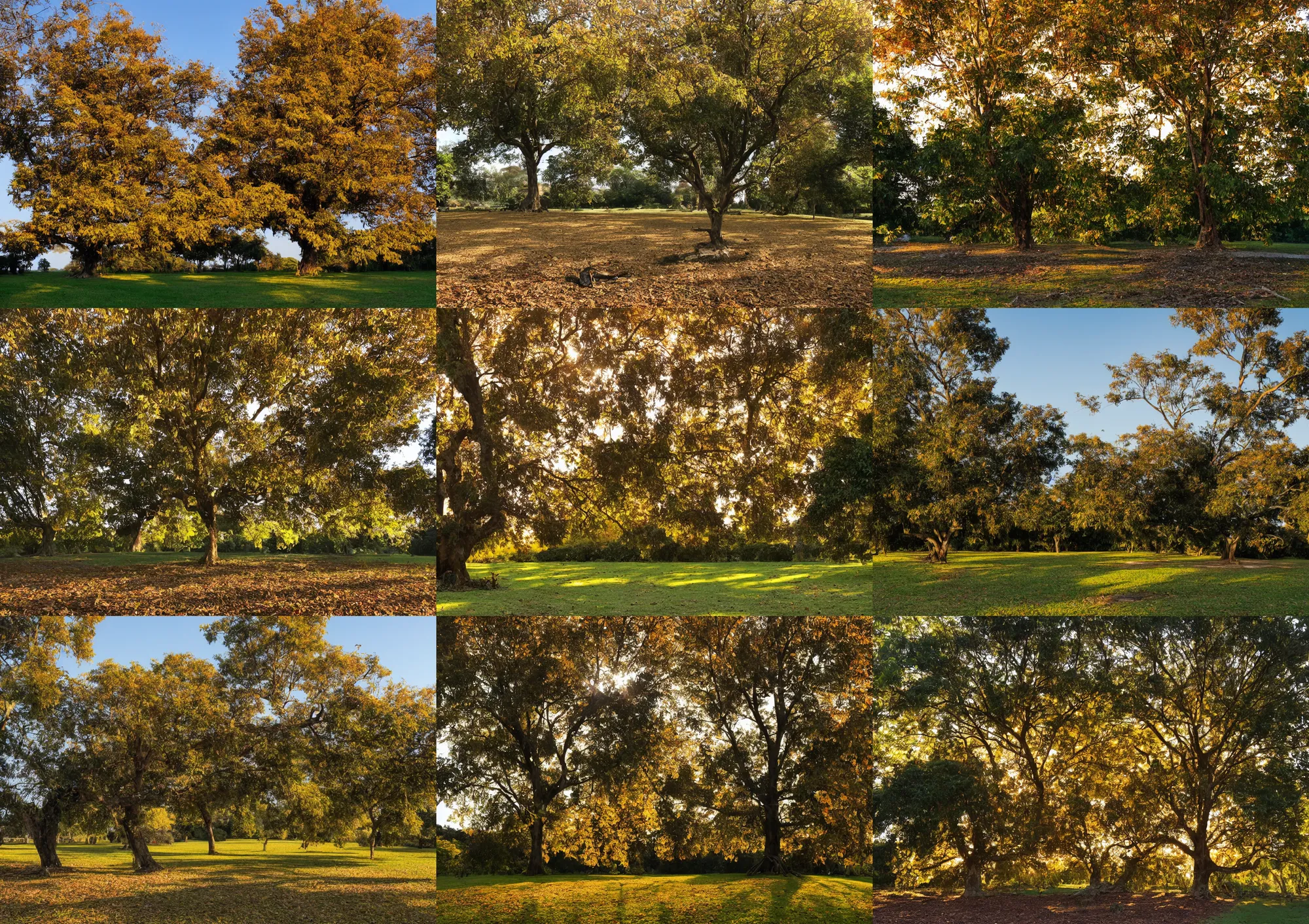 Prompt: single large autumn tree at the center of a walled garden : : hundreds of monitor lizards on the ground : : amber light.