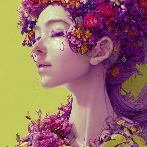 Image similar to the portrait of an absurdly beautiful, graceful, elegant innocent woman made of bananas and petals looking up, an ultrafine detailed illustration by kim jung gi, irakli nadar, intricate linework, bright colors, octopath traveler, final fantasy, angular, unreal engine 5 highly rendered, global illumination, radiant light, detailed and intricate environment